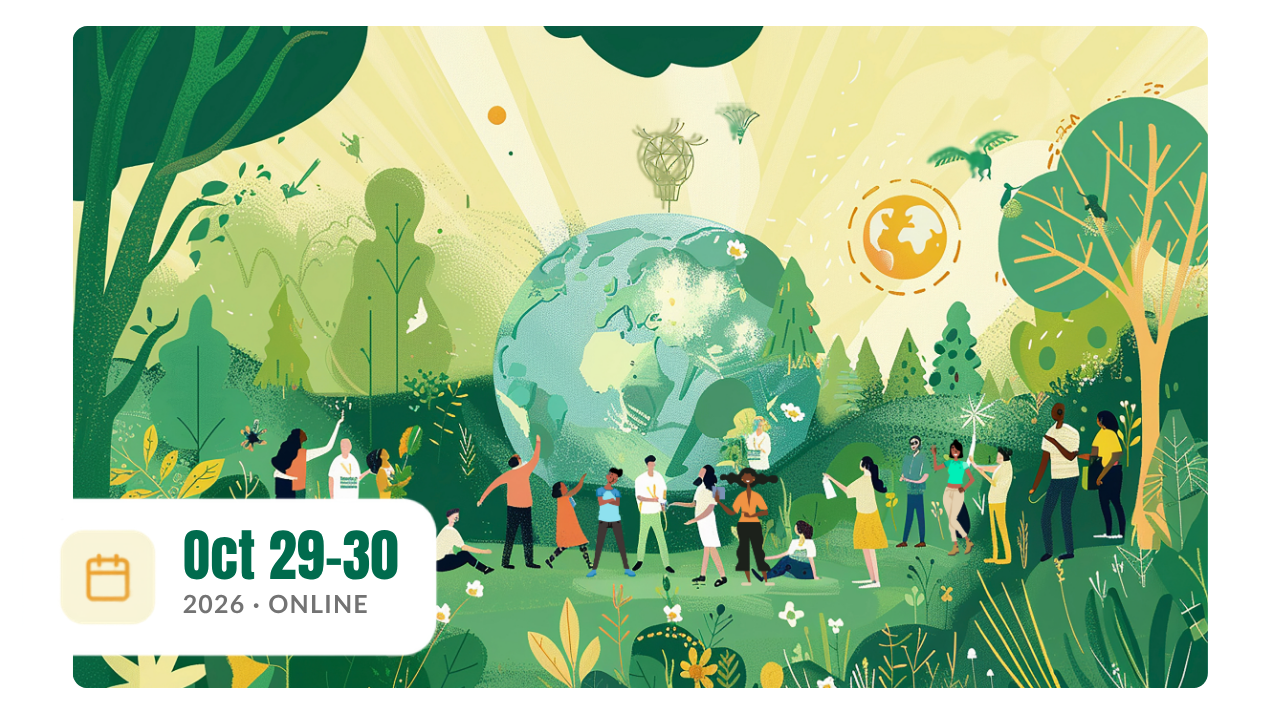 Illustration of people of many cultures gathered around the Earth amid trees and nature